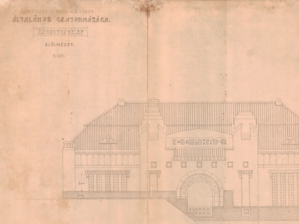 Fațadă imobil din cadrul Stației de Epurare Timișoara, autor Henrik Telkes, contrasemnat Stan Vidrighin