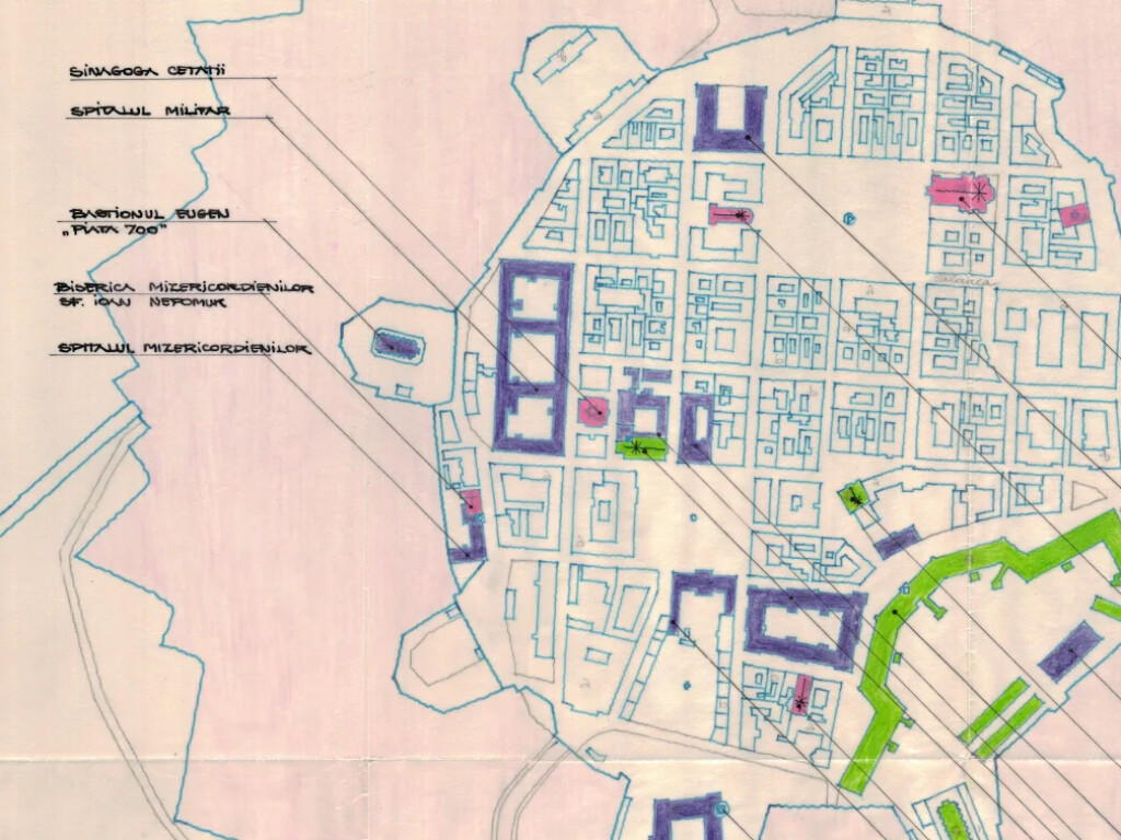 Hartă Cetatea Timișoarei din anul 1876 cu marcarea clădirilor importante păstrate și dispărute