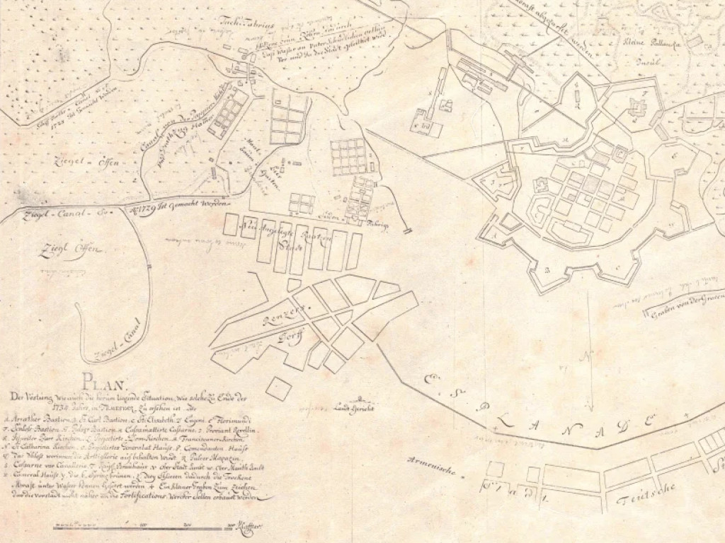 Plan al Cetății, precum și al împrejurimilor, așa cum se puteau vedea în Timișoara la sfârșitul anului 1734